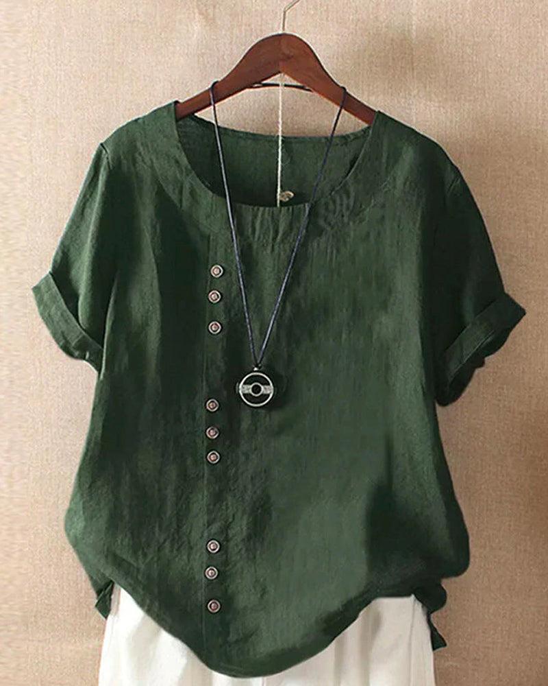 Women's Short Sleeve Blouse with Button Accents, Rolled Cuffs, and Round Neckline for Casual Wear