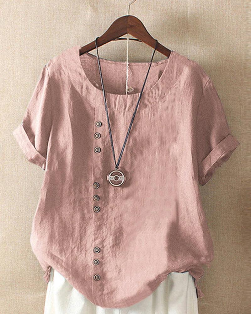 Women's Short Sleeve Blouse with Button Accents, Rolled Cuffs, and Round Neckline for Casual Wear
