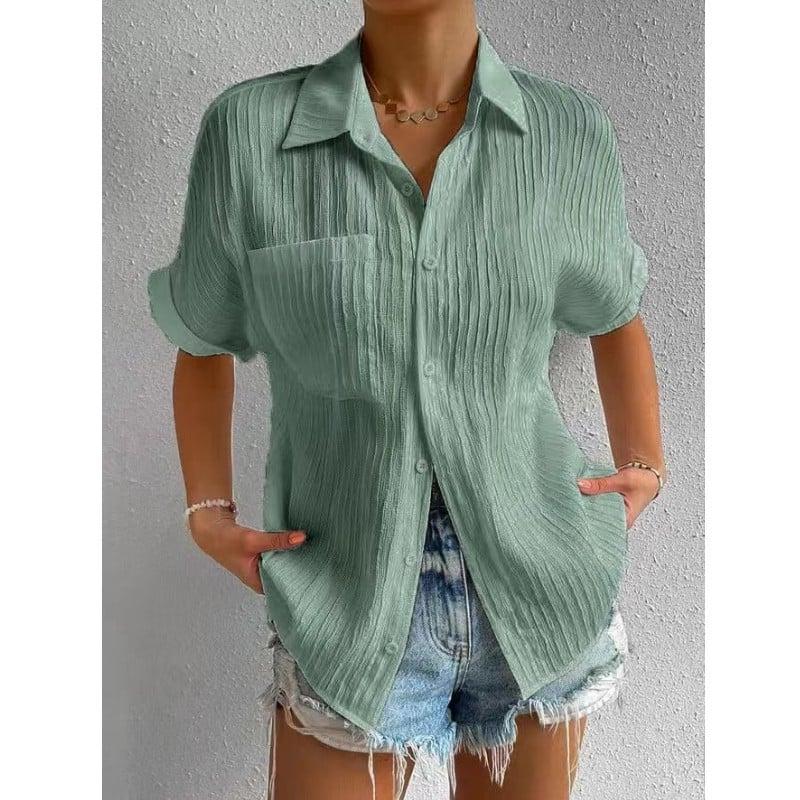 Women's Short Sleeve Collared Blouse with Button Front and Chest Pocket - Crinkled Texture for Casual Wear
