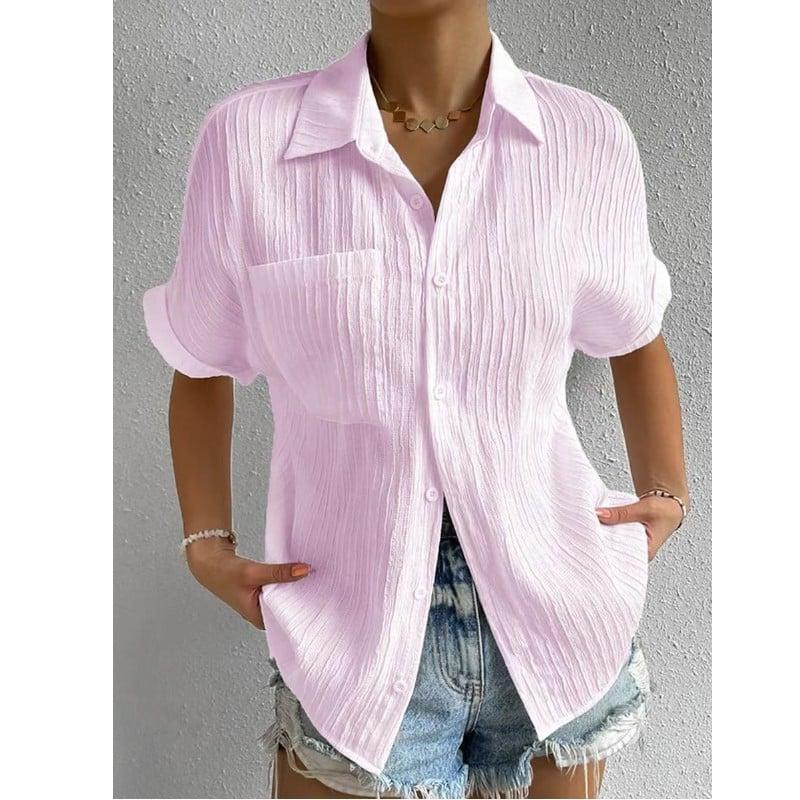 Women's Short Sleeve Collared Blouse with Button Front and Chest Pocket - Crinkled Texture for Casual Wear