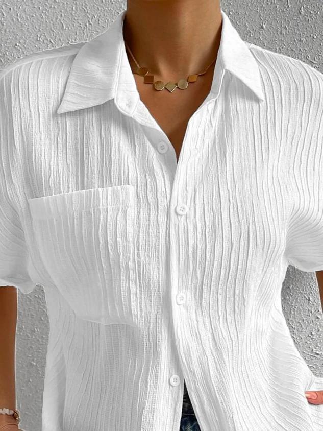 Women's Short Sleeve Collared Blouse with Button Front and Chest Pocket - Crinkled Texture for Casual Wear