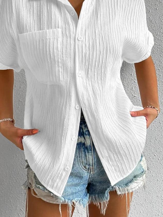 Women's Short Sleeve Collared Blouse with Button Front and Chest Pocket - Crinkled Texture for Casual Wear