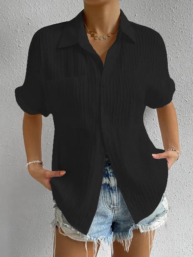Women's Short Sleeve Collared Blouse with Button Front and Chest Pocket - Crinkled Texture for Casual Wear