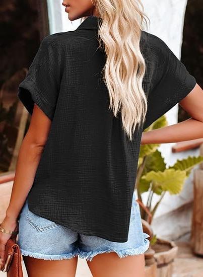 Women's Short Sleeve Collared Blouse with Button Front and Chest Pocket - Crinkled Texture for Casual Wear