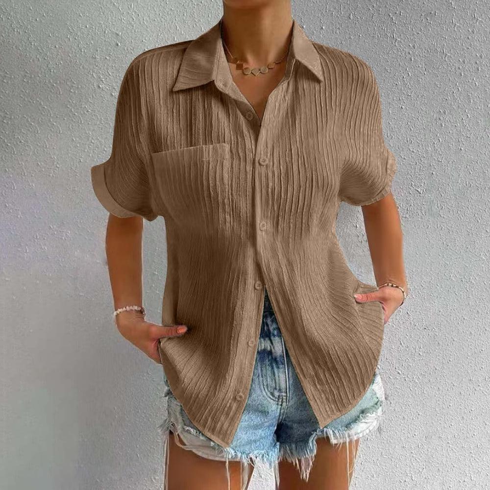 Women's Short Sleeve Collared Blouse with Button Front and Chest Pocket - Crinkled Texture for Casual Wear