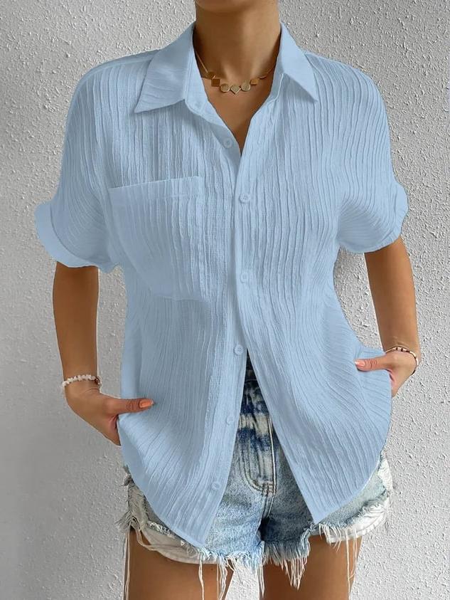 Women's Short Sleeve Collared Blouse with Button Front and Chest Pocket - Crinkled Texture for Casual Wear