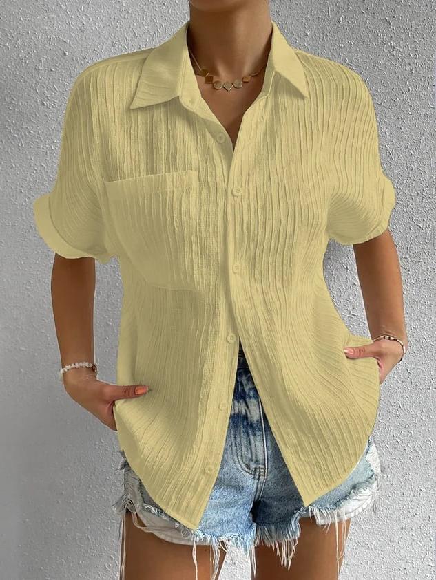 Women's Short Sleeve Collared Blouse with Button Front and Chest Pocket - Crinkled Texture for Casual Wear