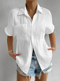 Women's Short Sleeve Collared Blouse with Button Front and Chest Pocket - Crinkled Texture for Casual Wear