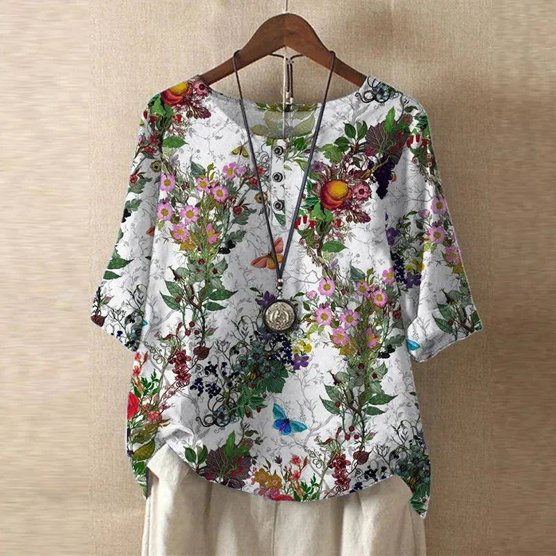 Women's Short Sleeve Round Neck Blouse with Button Placket - Casual Everyday Wear Top in Lightweight Fabric