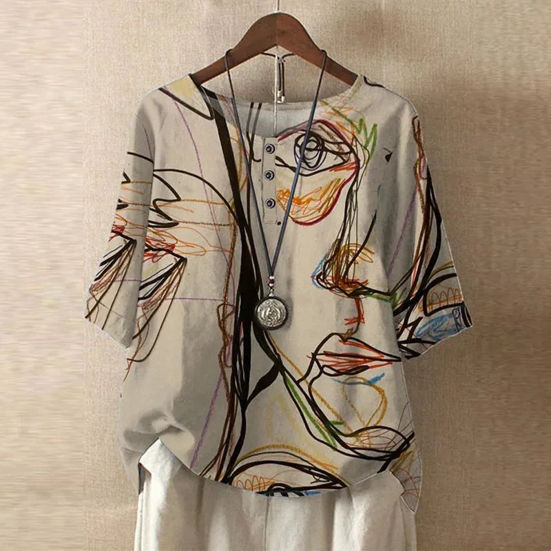 Women's Short Sleeve Round Neck Blouse with Button Placket - Casual Everyday Wear Top in Lightweight Fabric