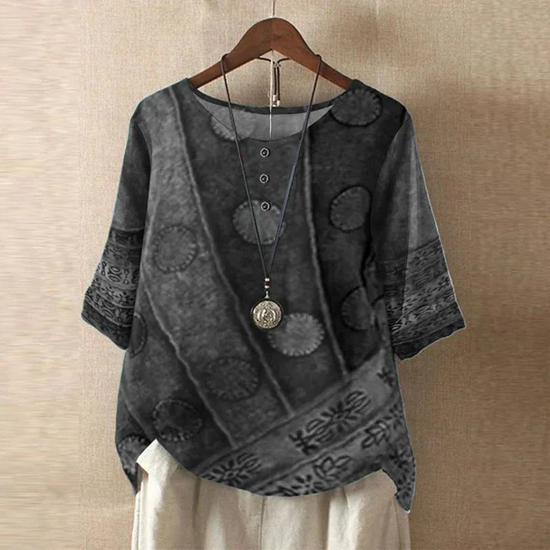 Women's Short Sleeve Round Neck Blouse with Button Placket - Casual Everyday Wear Top in Lightweight Fabric