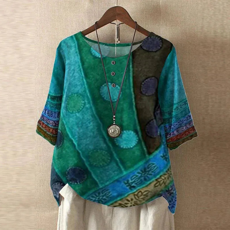 Women's Short Sleeve Round Neck Blouse with Button Placket - Casual Everyday Wear Top in Lightweight Fabric