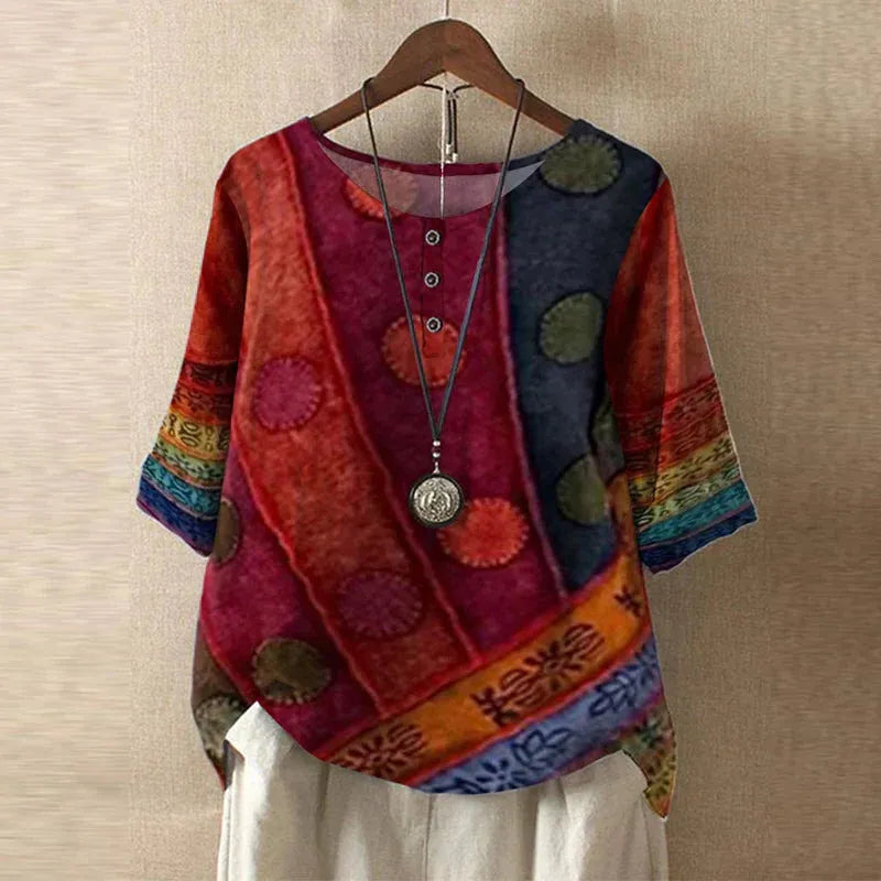 Women's Short Sleeve Round Neck Blouse with Button Placket - Casual Everyday Wear Top in Lightweight Fabric