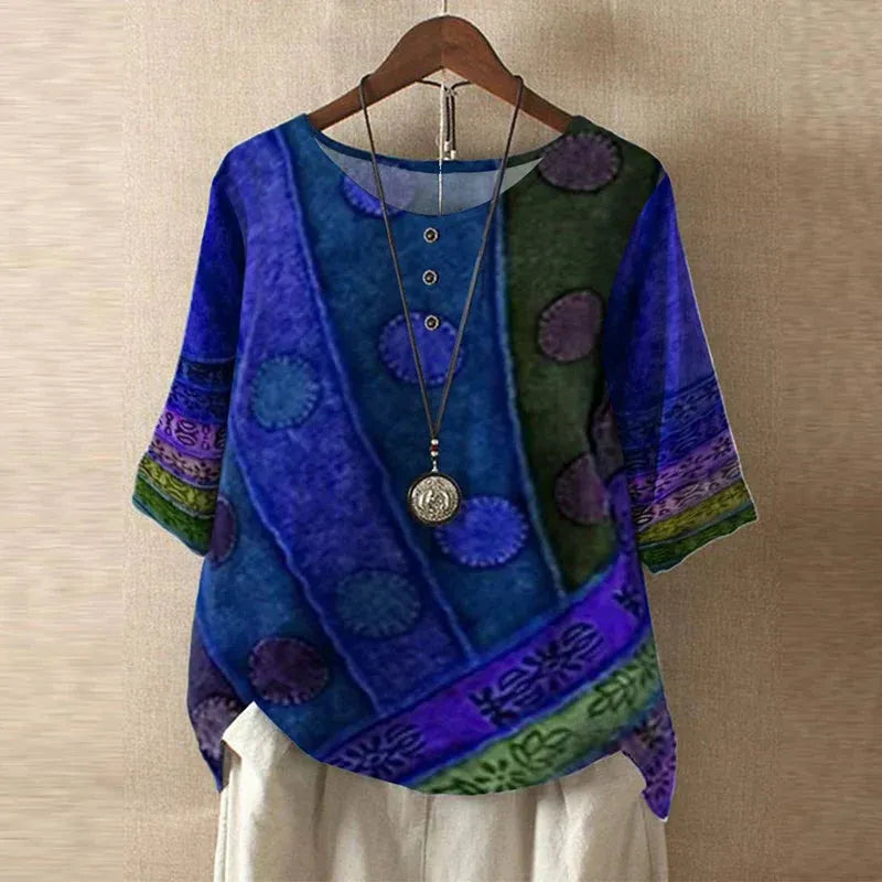 Women's Short Sleeve Round Neck Blouse with Button Placket - Casual Everyday Wear Top in Lightweight Fabric