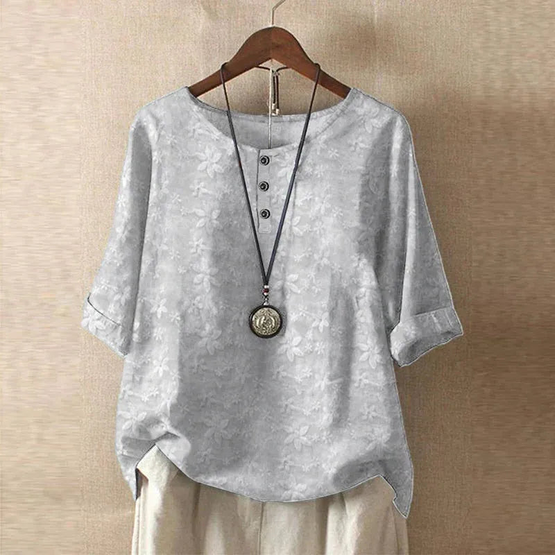 Women's Short Sleeve Round Neck Blouse with Button Placket - Casual Everyday Wear Top in Lightweight Fabric