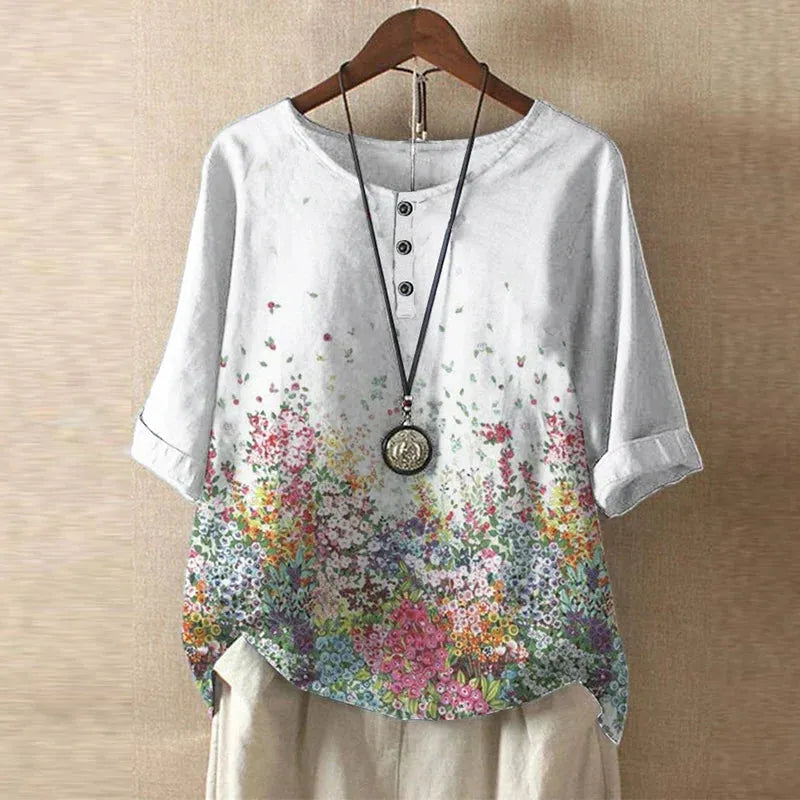 Women's Short Sleeve Round Neck Blouse with Button Placket - Casual Everyday Wear Top in Lightweight Fabric