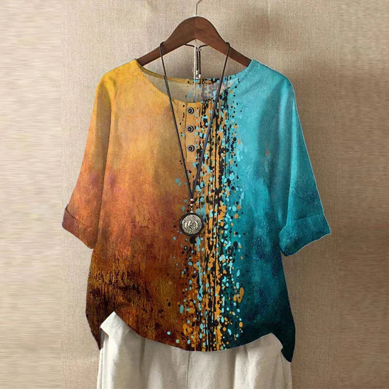 Women's Short Sleeve Round Neck Blouse with Button Placket - Casual Everyday Wear Top in Lightweight Fabric