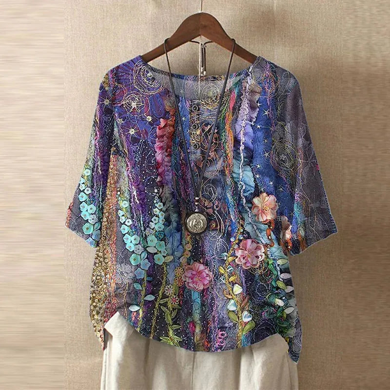 Women's Short Sleeve Round Neck Blouse with Button Placket - Casual Everyday Wear Top in Lightweight Fabric