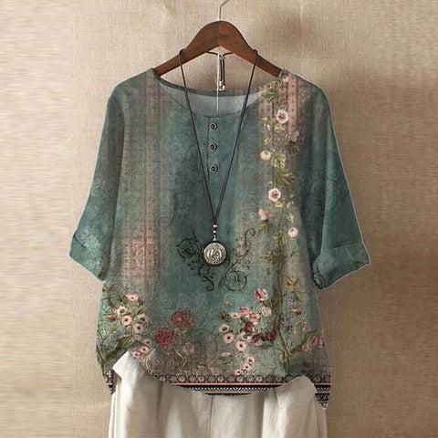 Women's Short Sleeve Round Neck Blouse with Button Placket - Casual Everyday Wear Top in Lightweight Fabric