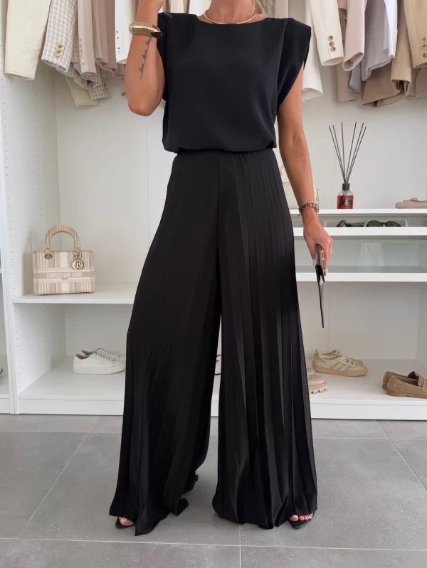 Women's Sleeveless Extended-Shoulder Top with Pleated Wide-Leg Pants Set - Casual Chic Outfit for Summer Events