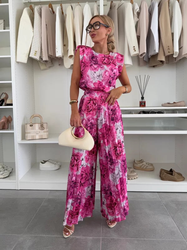 Women's Sleeveless Extended-Shoulder Top with Pleated Wide-Leg Pants Set - Casual Chic Outfit for Summer Events