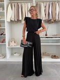Women's Sleeveless Extended-Shoulder Top with Pleated Wide-Leg Pants Set - Casual Chic Outfit for Summer Events