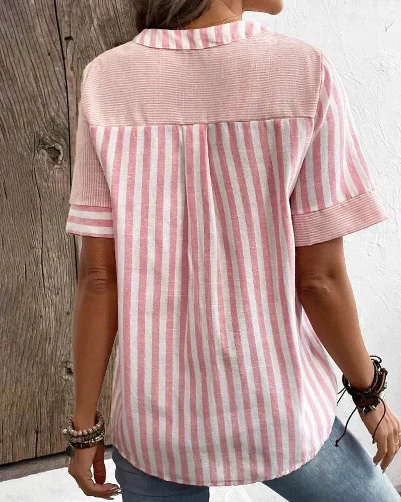 Women's Striped Short Sleeve Henley Blouse with Half-Button Placket for Casual Wear
