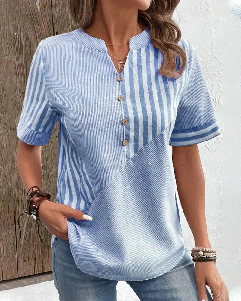 Women's Striped Short Sleeve Henley Blouse with Half-Button Placket for Casual Wear