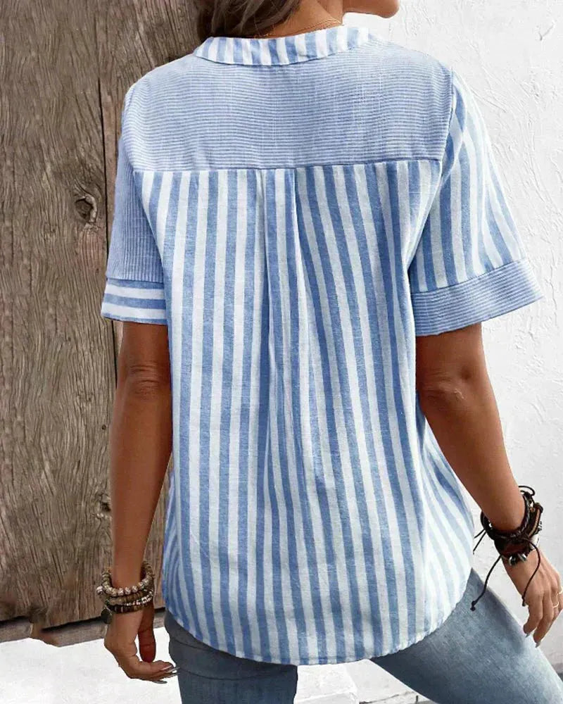 Women's Striped Short Sleeve Henley Blouse with Half-Button Placket for Casual Wear