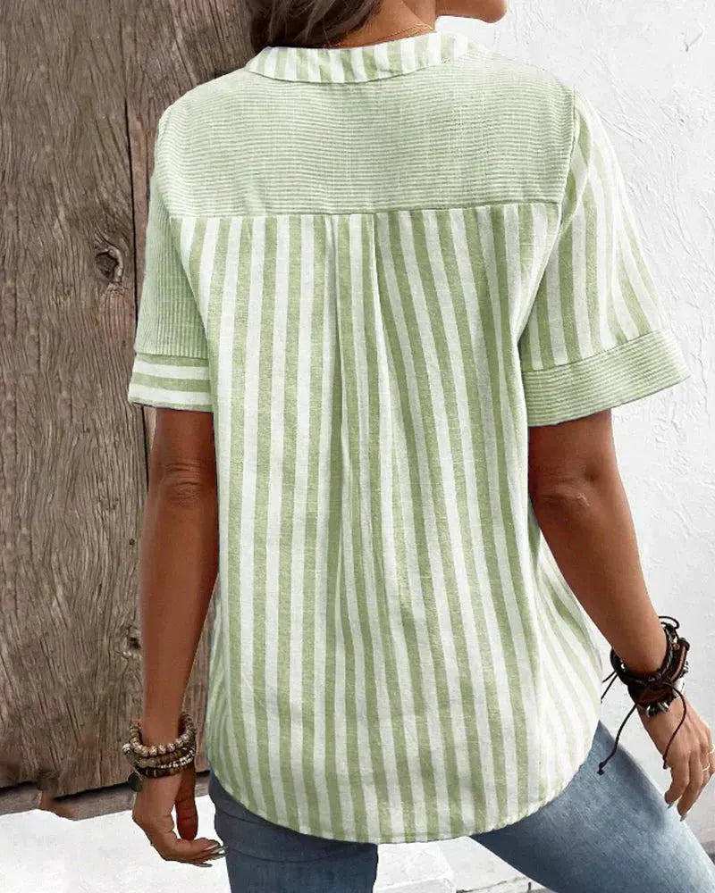 Women's Striped Short Sleeve Henley Blouse with Half-Button Placket for Casual Wear