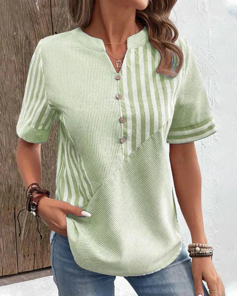 Women's Striped Short Sleeve Henley Blouse with Half-Button Placket for Casual Wear
