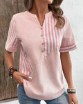 Women's Striped Short Sleeve Henley Blouse with Half-Button Placket for Casual Wear