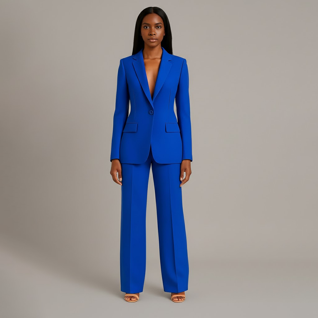 Women's Tailored Blazer and Pants Suit Set - Professional Long Blazer with Matching Trousers for Office Wear