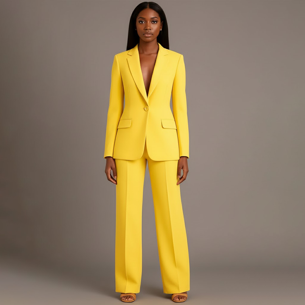 Women's Tailored Blazer and Pants Suit Set - Professional Long Blazer with Matching Trousers for Office Wear