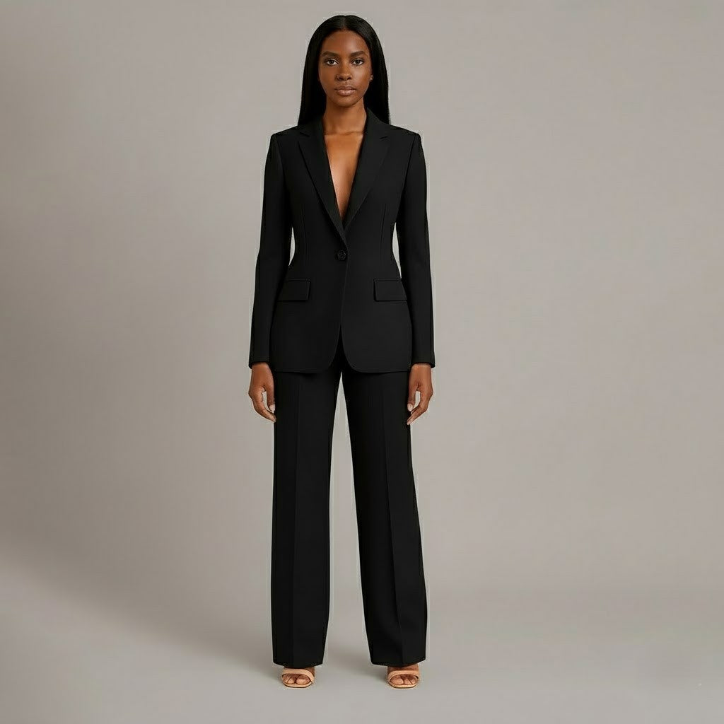 Women's Tailored Blazer and Pants Suit Set - Professional Long Blazer with Matching Trousers for Office Wear