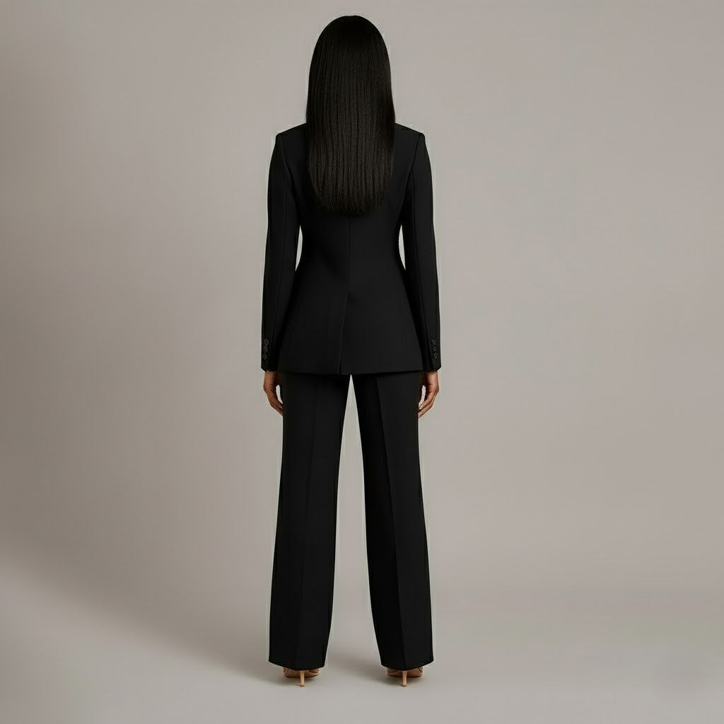 Women's Tailored Blazer and Pants Suit Set - Professional Long Blazer with Matching Trousers for Office Wear