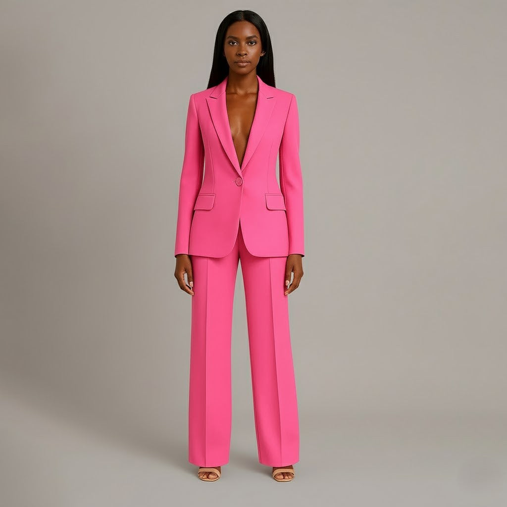 Women's Tailored Blazer and Pants Suit Set - Professional Long Blazer with Matching Trousers for Office Wear