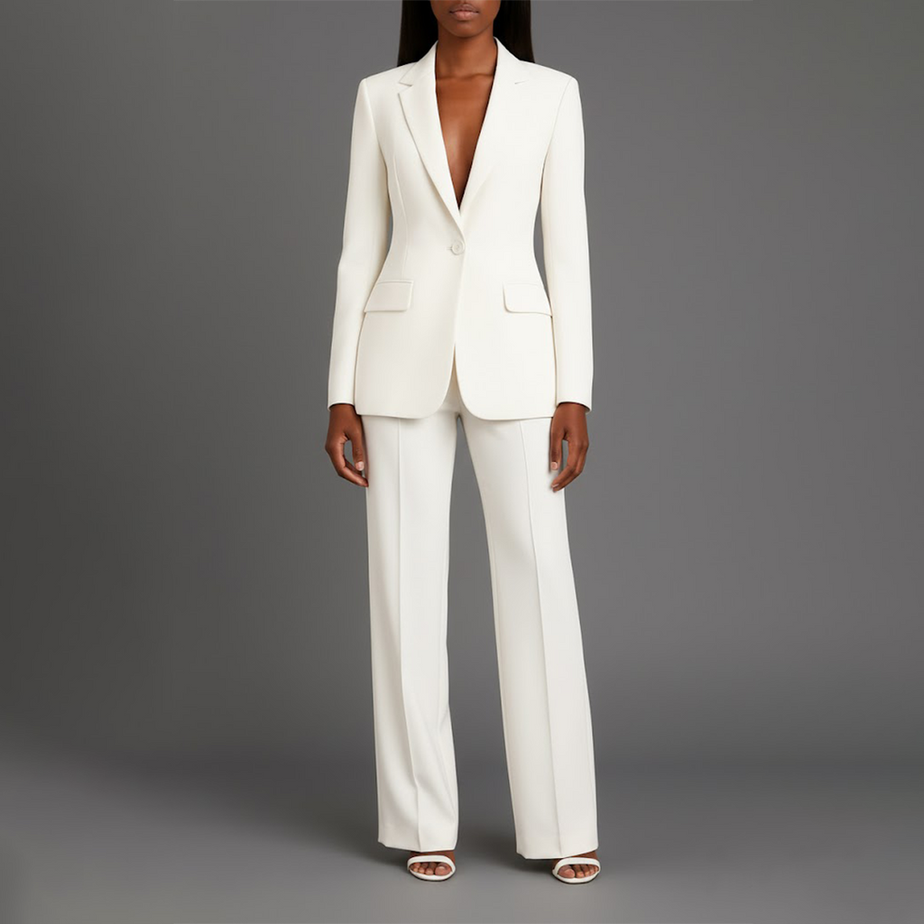 Women's Tailored Blazer and Pants Suit Set - Professional Long Blazer with Matching Trousers for Office Wear