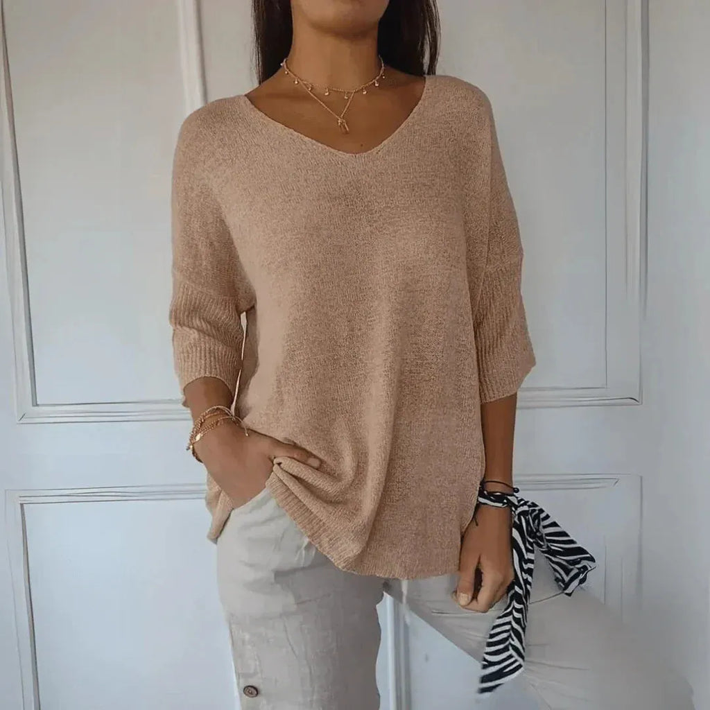 Women's V-Neck Three-Quarter Sleeve Knit Shirt with Dropped Shoulders for Casual Wear