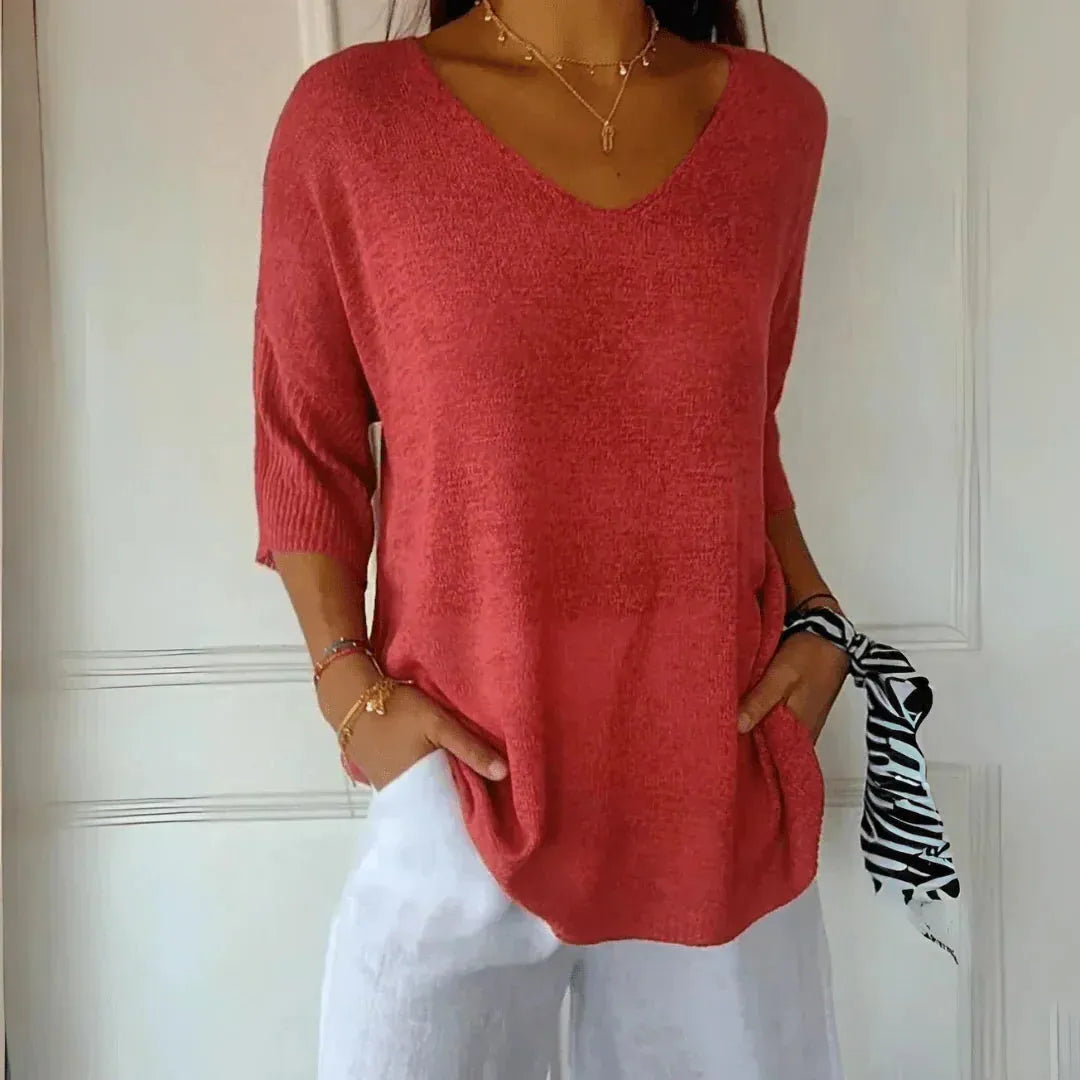 Women's V-Neck Three-Quarter Sleeve Knit Shirt with Dropped Shoulders for Casual Wear