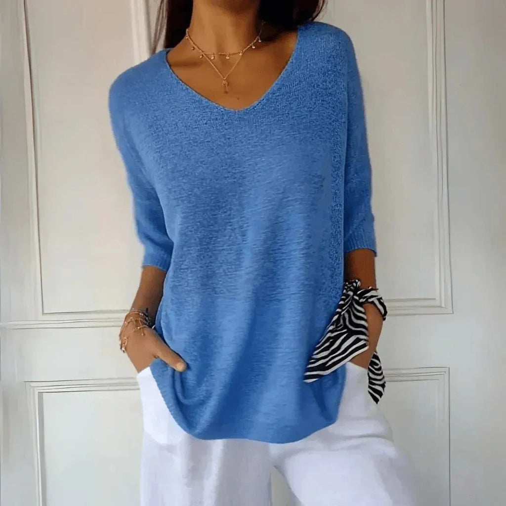 Women's V-Neck Three-Quarter Sleeve Knit Shirt with Dropped Shoulders for Casual Wear