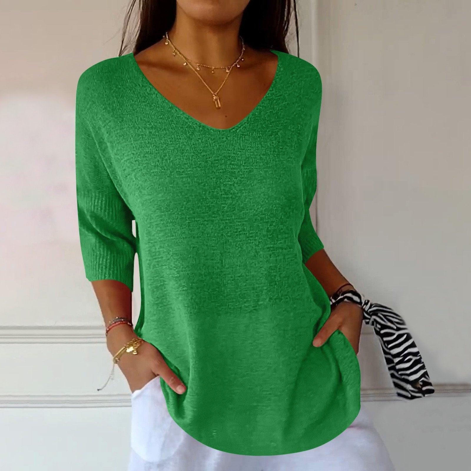 Women's V-Neck Three-Quarter Sleeve Knit Shirt with Dropped Shoulders for Casual Wear