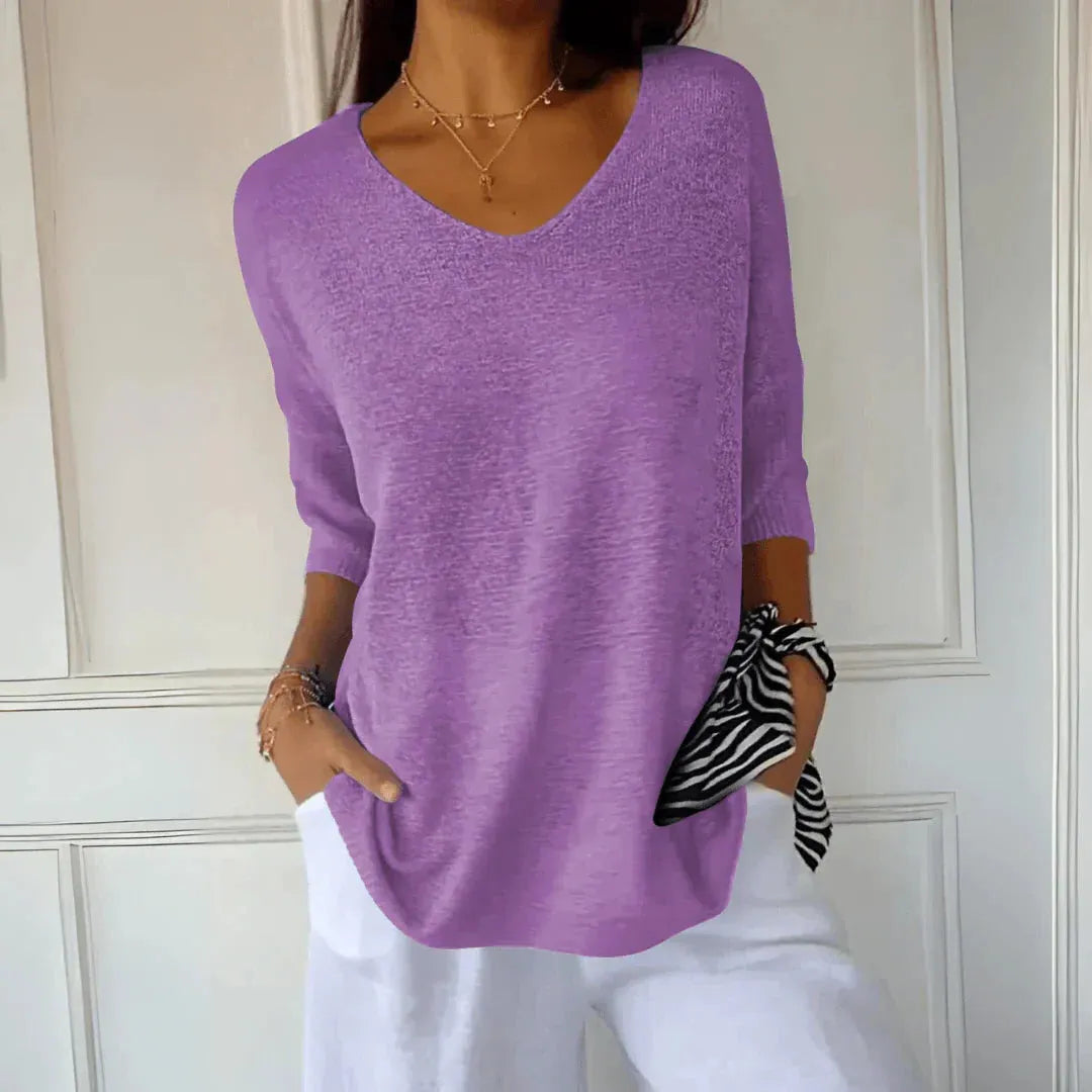 Women's V-Neck Three-Quarter Sleeve Knit Shirt with Dropped Shoulders for Casual Wear