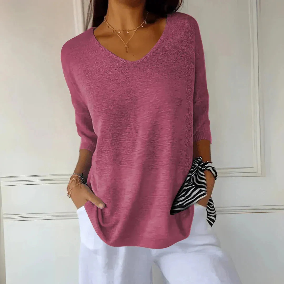 Women's V-Neck Three-Quarter Sleeve Knit Shirt with Dropped Shoulders for Casual Wear