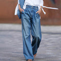 Women's Wide-Leg Jeans with Front Pleats, Belt Loops, and Button Closure in Washed Denim Finish