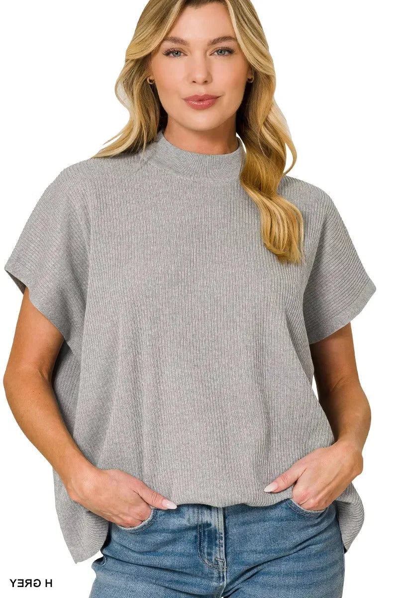 Zenana Viscose Mock Neck Short Sleeve Boxy Sweater